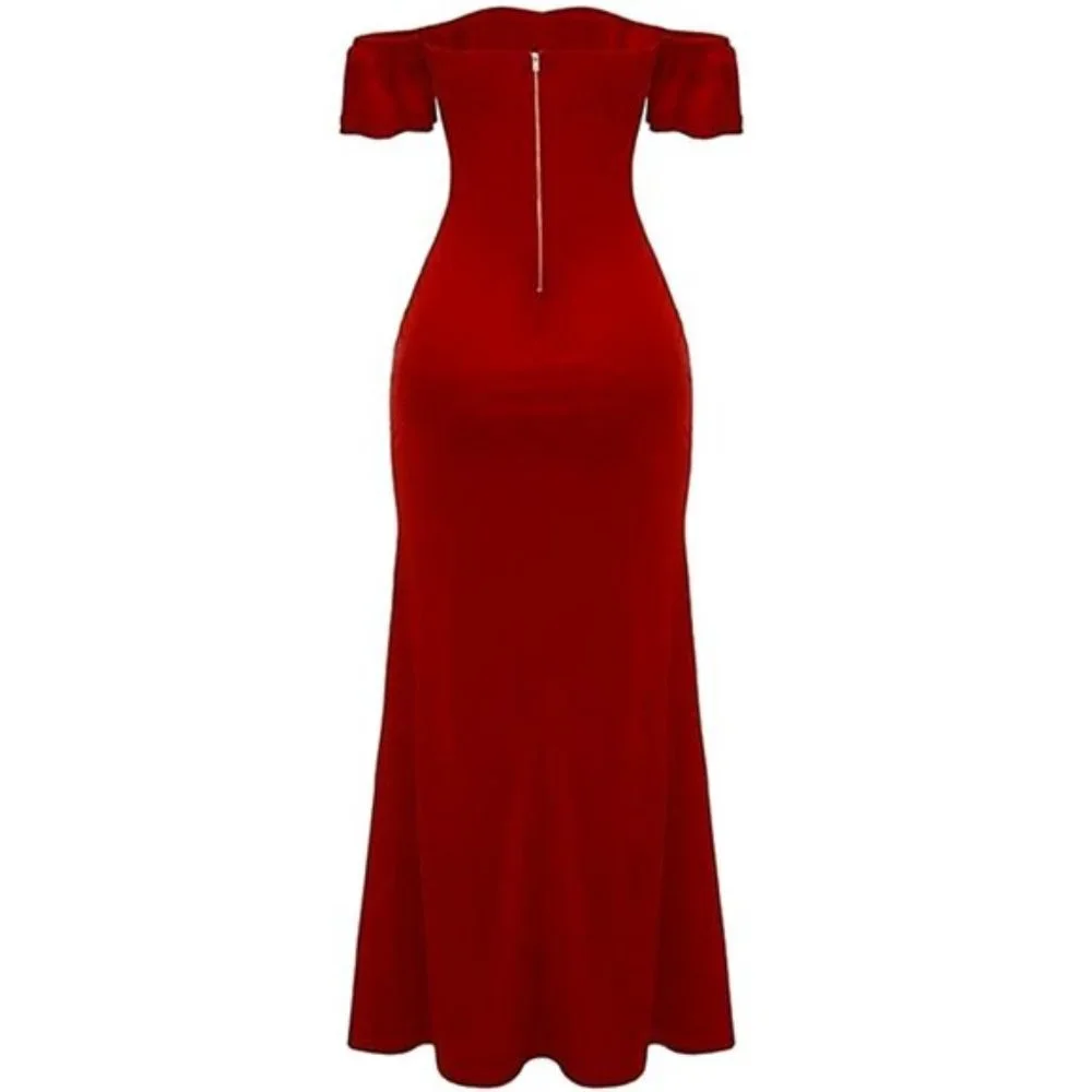 Women's Off Shoulder Side Split Short Sleeve Elegant Skirt Bodycon Maxi Evening - Picture 3 of 4